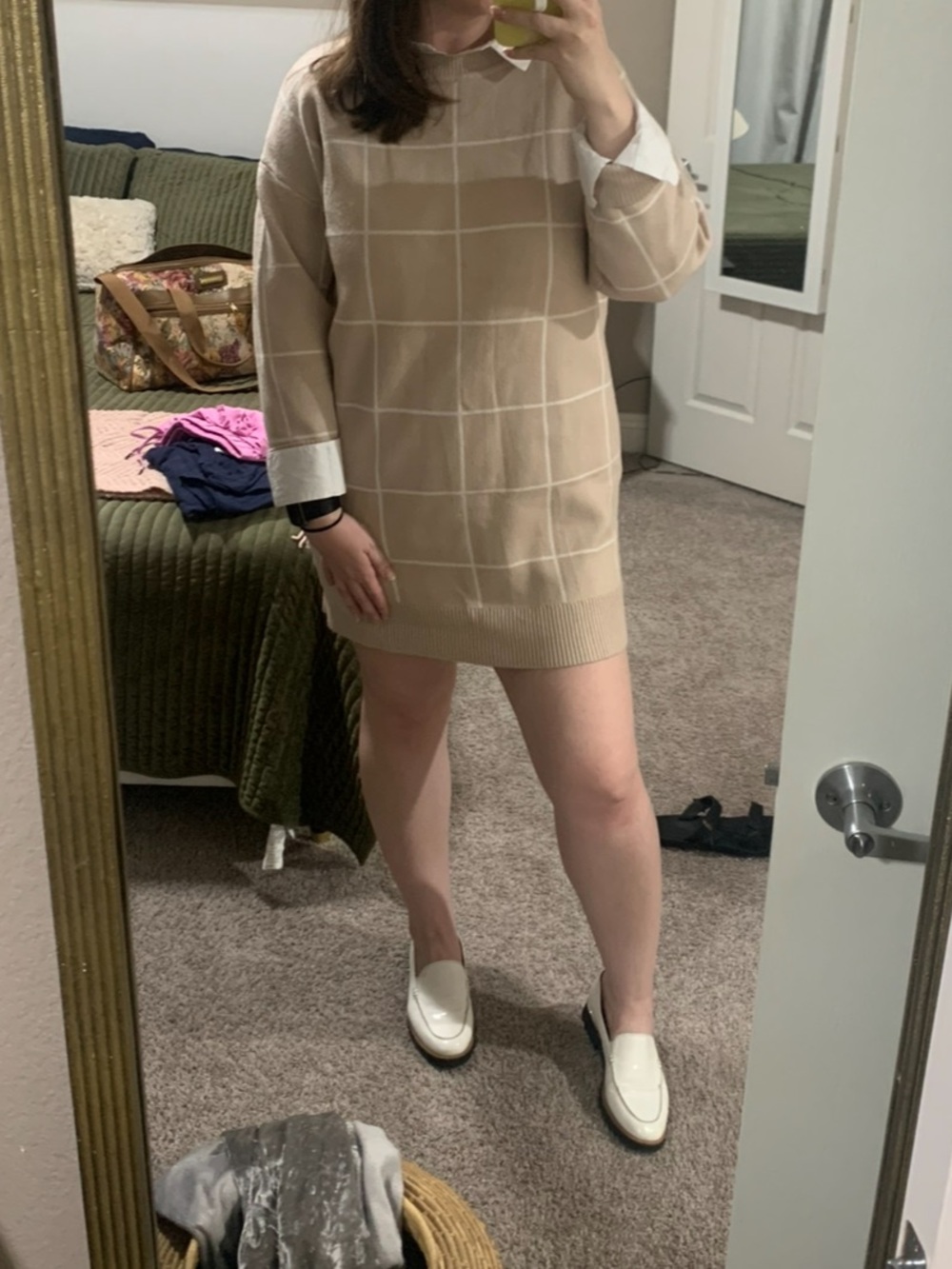 Amazon Beige Windowpane Knit Mini Dress